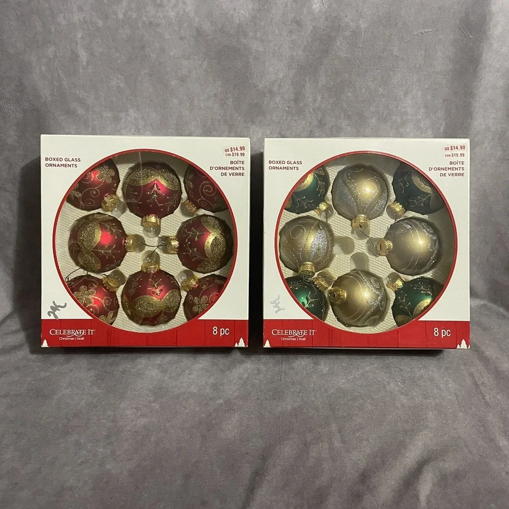 Celebrate It Christmas Noel Boxed Glass Ornaments Beaded Glitter Set Of 16 Total